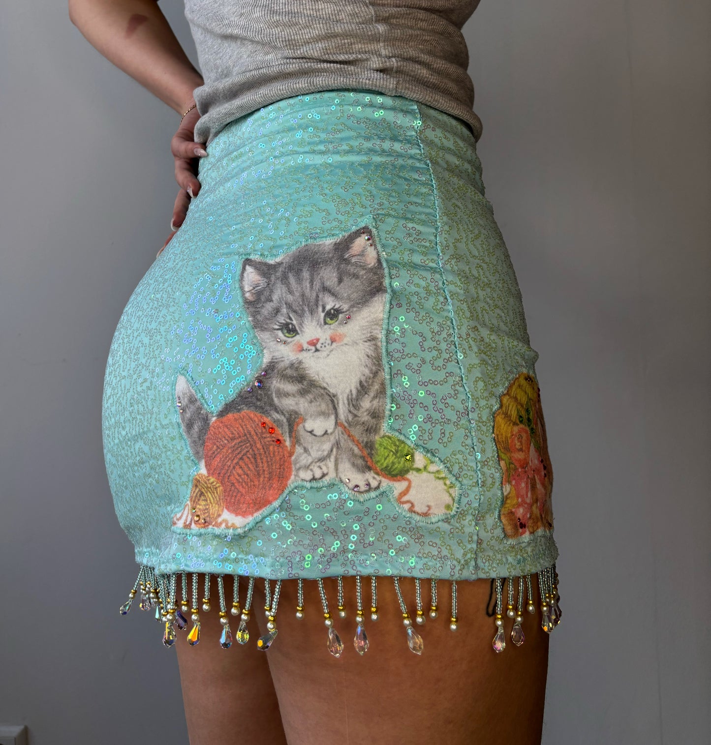 ASF Beaded Glitter Kitty Mini Skirt