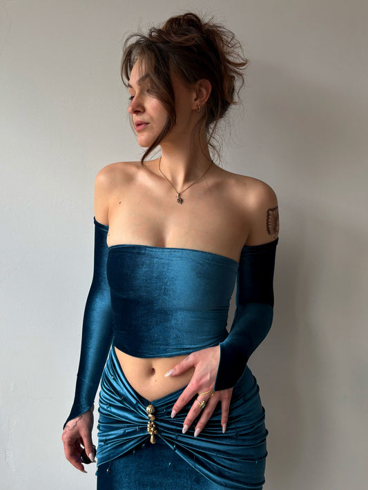 ASF Petrol Velvet Top & Glove Set *verhuur*