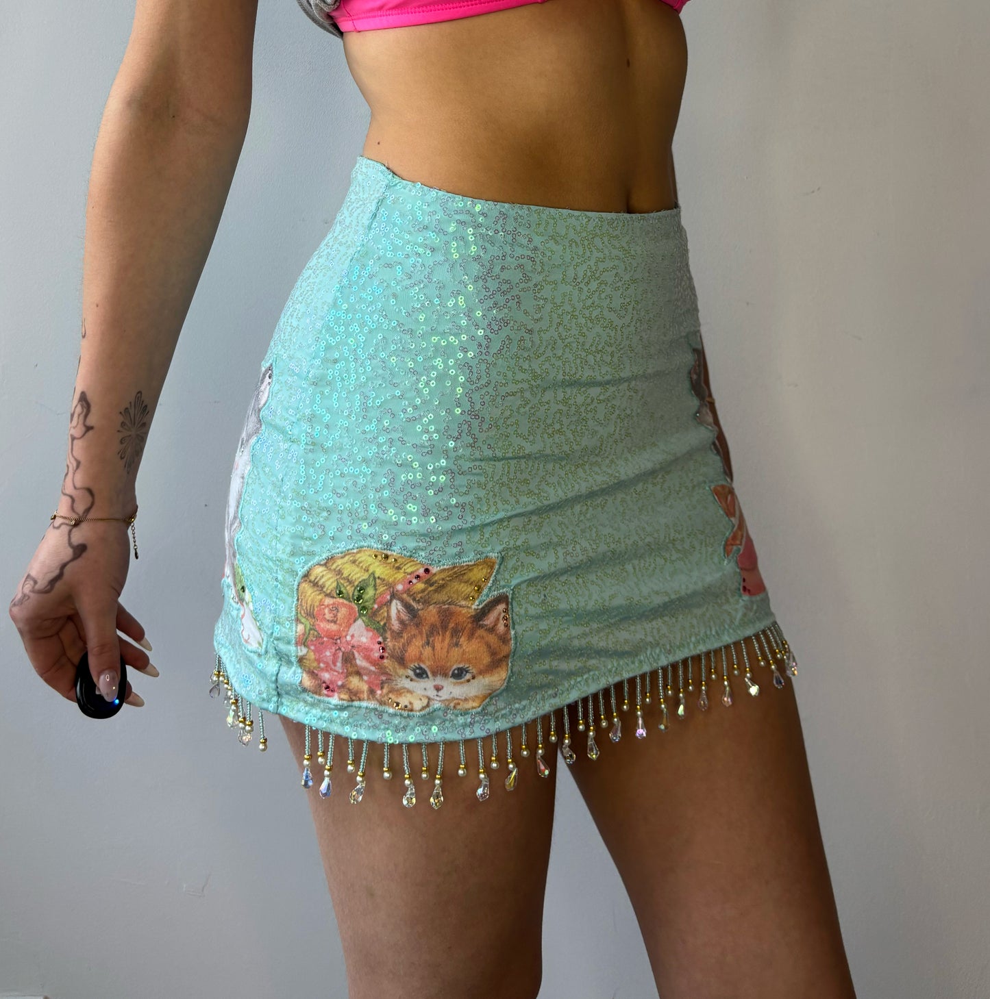 ASF Beaded Glitter Kitty Mini Skirt