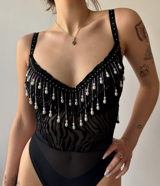 ASF Beaded Bodysuit Black Velvet *verhuur*