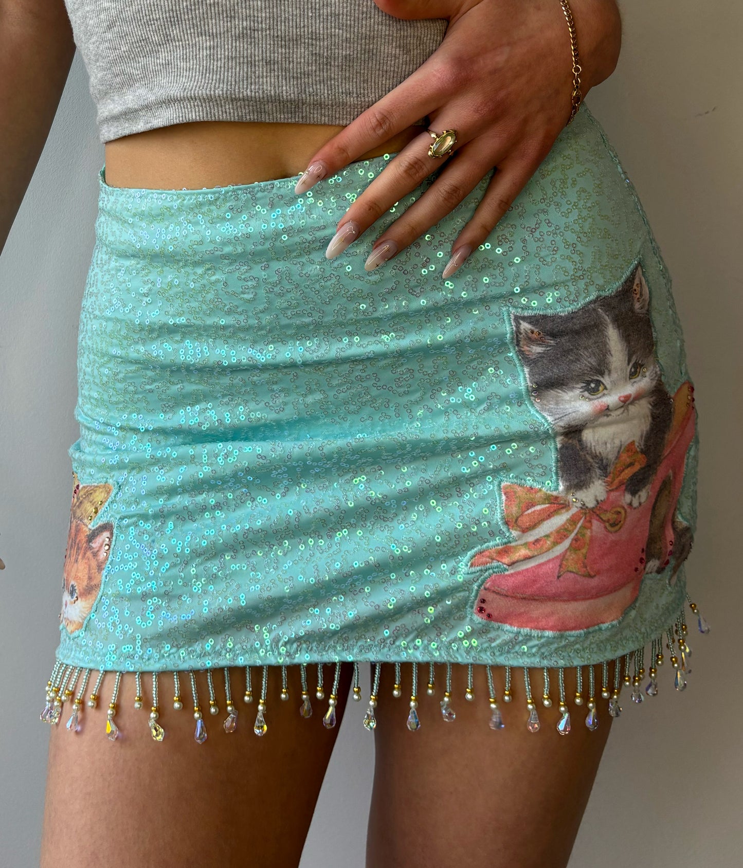 ASF Beaded Glitter Kitty Mini Skirt