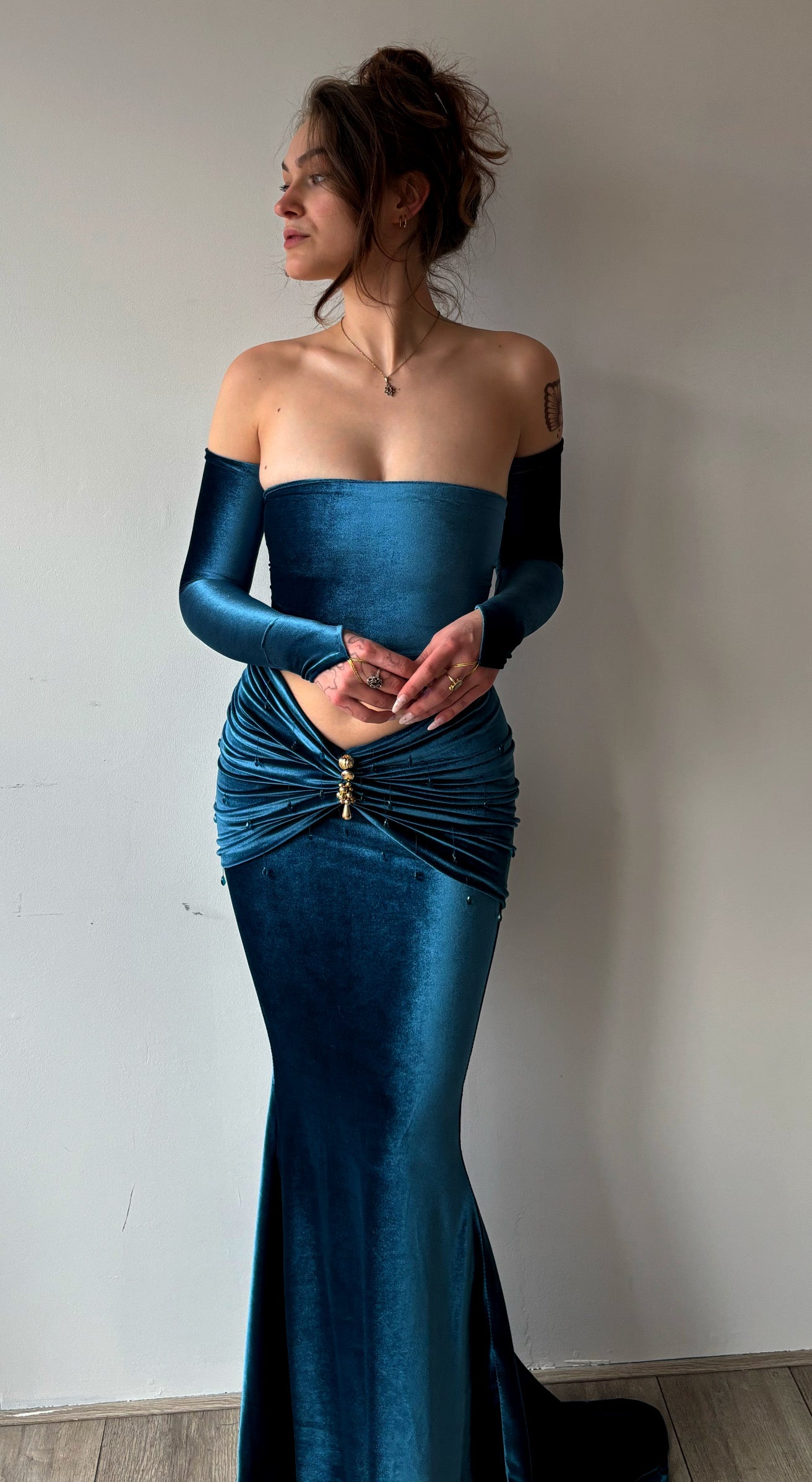 ASF Petrol Velvet Top & Glove Set *verhuur*